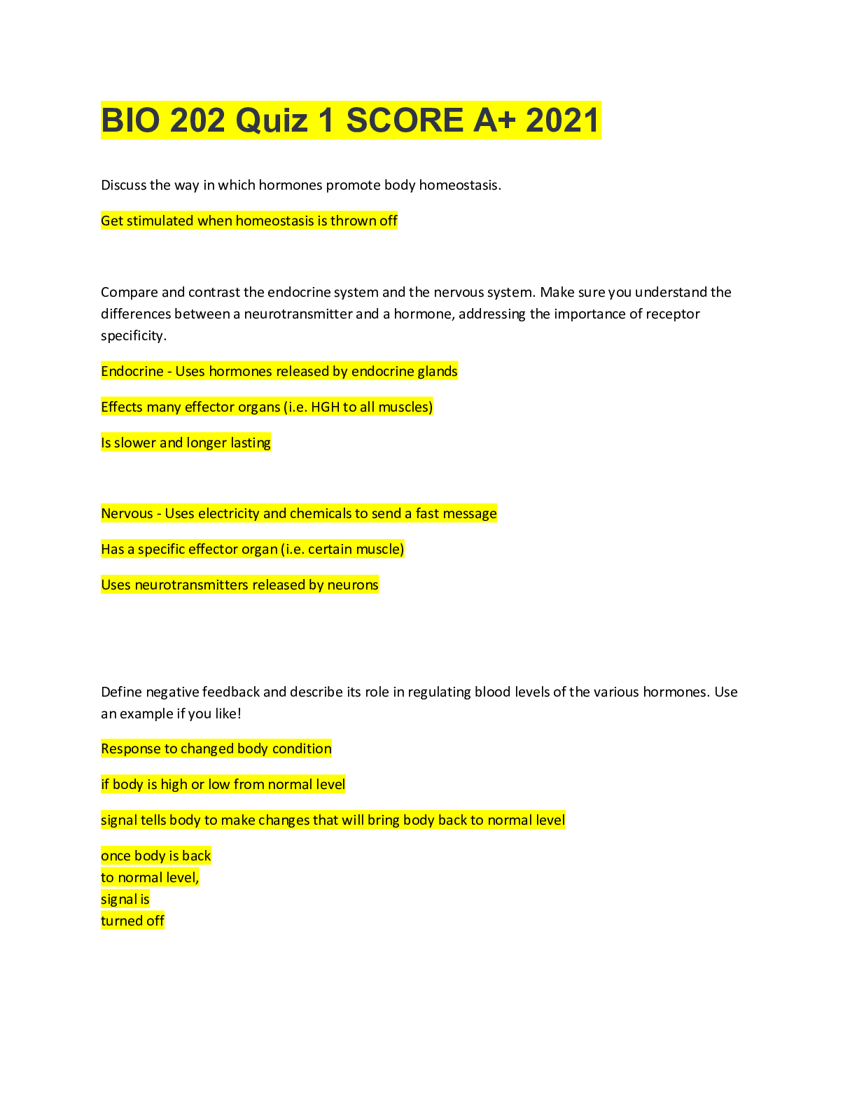 Preview image for BIO 202 Quiz 1 SCORE A+ 2021